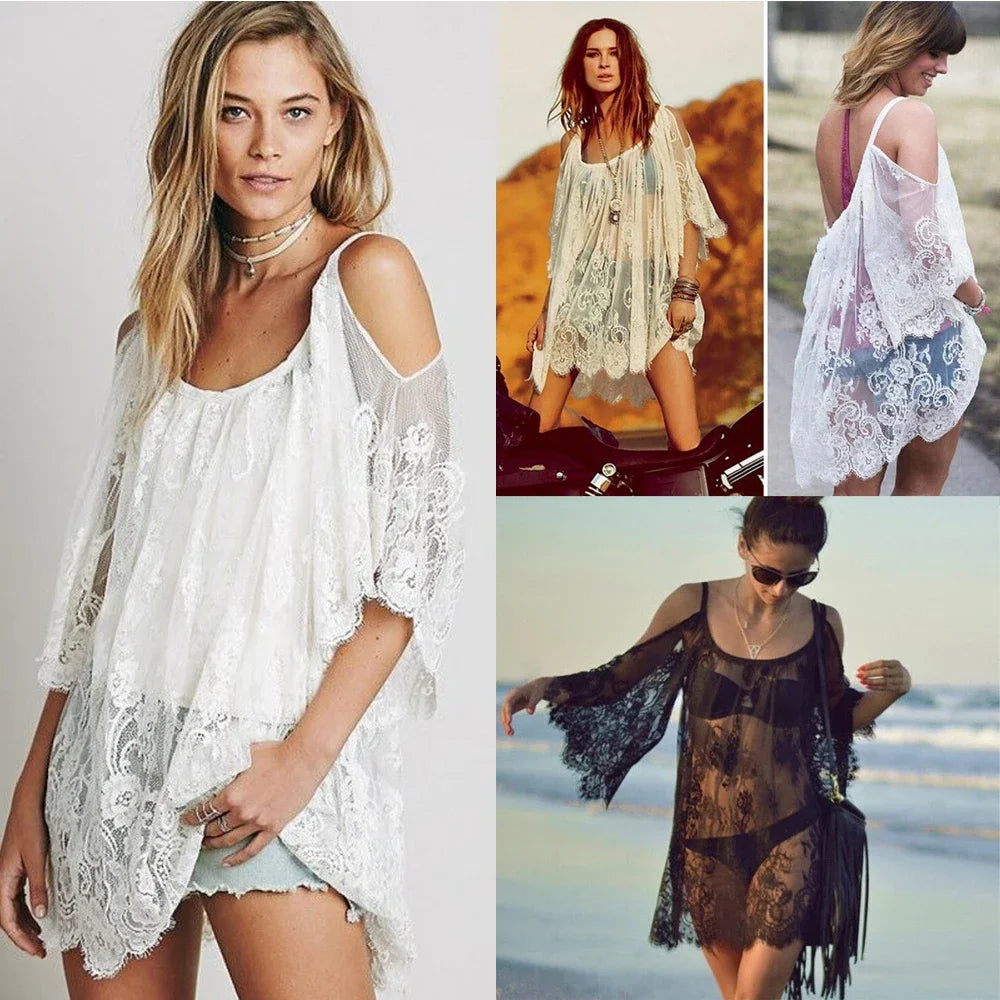 Off Shoulder Lace Beach Cover Up Pareo Playa Coverup Dress Vestido Livre Swimsuit Wear Swimwear White Lace Women Beachwear