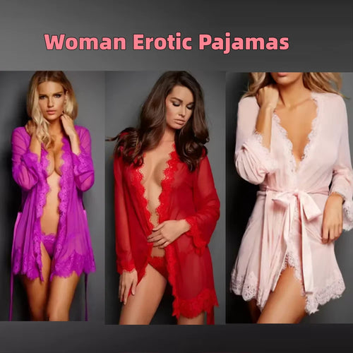 Sexy Sleepwear Women Sexy Sheer Perspective Lingerie Set Lace Robe Nightdress Underwear G-String Nightgown Dress Sexy Clothes