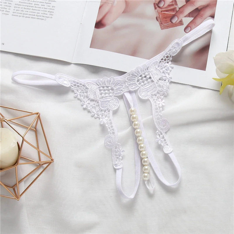 T Panties Female Underwear Lace Seamless Thongs Women's Pants Sexy Pearl G-String Erotic Women Crotchless Breathable Sleepwear