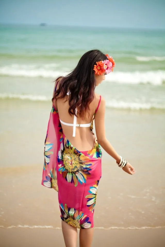 Women's Printed Chiffon Beach Cover Up, Sexy Halter Open Back Bikini Wrap Pareo