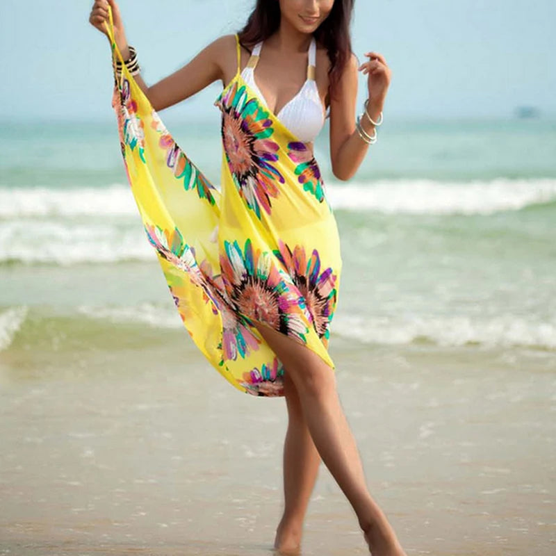 Women's Printed Chiffon Beach Cover Up, Sexy Halter Open Back Bikini Wrap Pareo