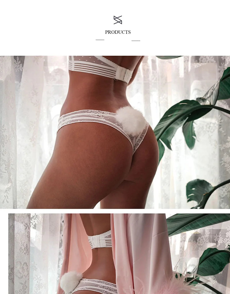 Sexy Panties Cute Rabbit Tail Women's Thong Lace Briefs Transparent Underwear Comfort Breathable Low Rise G string Underpants