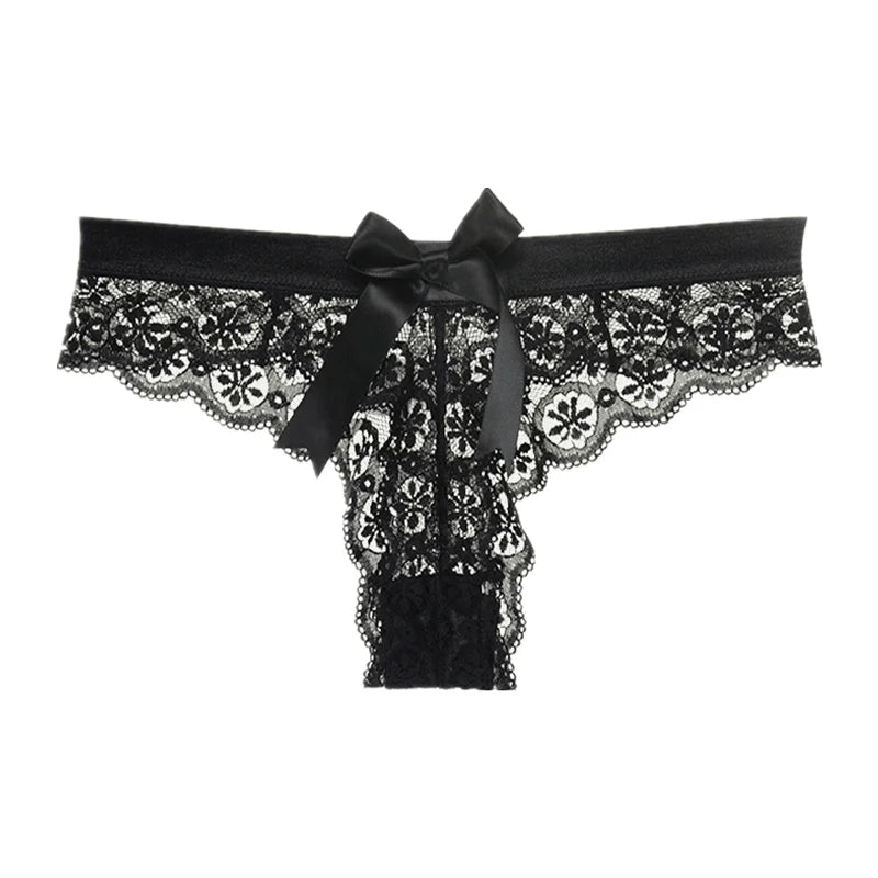 Sexy Transparent Lace Lady thong Solid Color Women's Underwear Buttocks Big Bow Decoration T-back Temptation Mesh Female T-pants