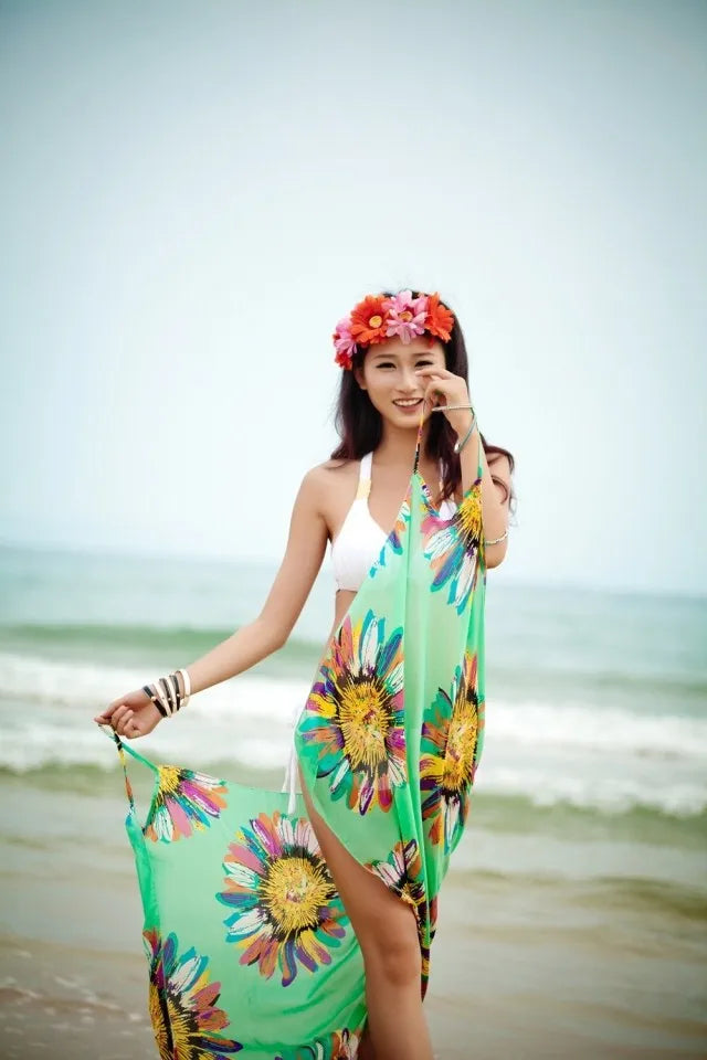 Women's Printed Chiffon Beach Cover Up, Sexy Halter Open Back Bikini Wrap Pareo