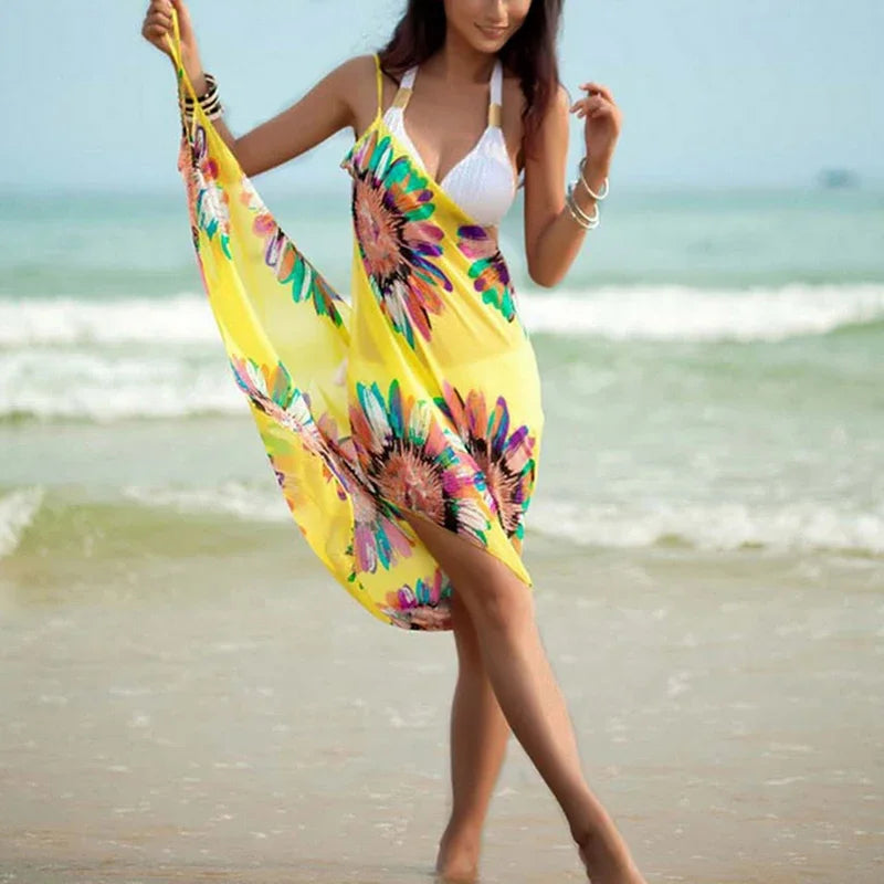 Printed Cover-ups Sexy Beach Dress Women Halter Sling Chiffon Beach Towel Bikini Wrap Pareo Skirts Open-Back Swimwear