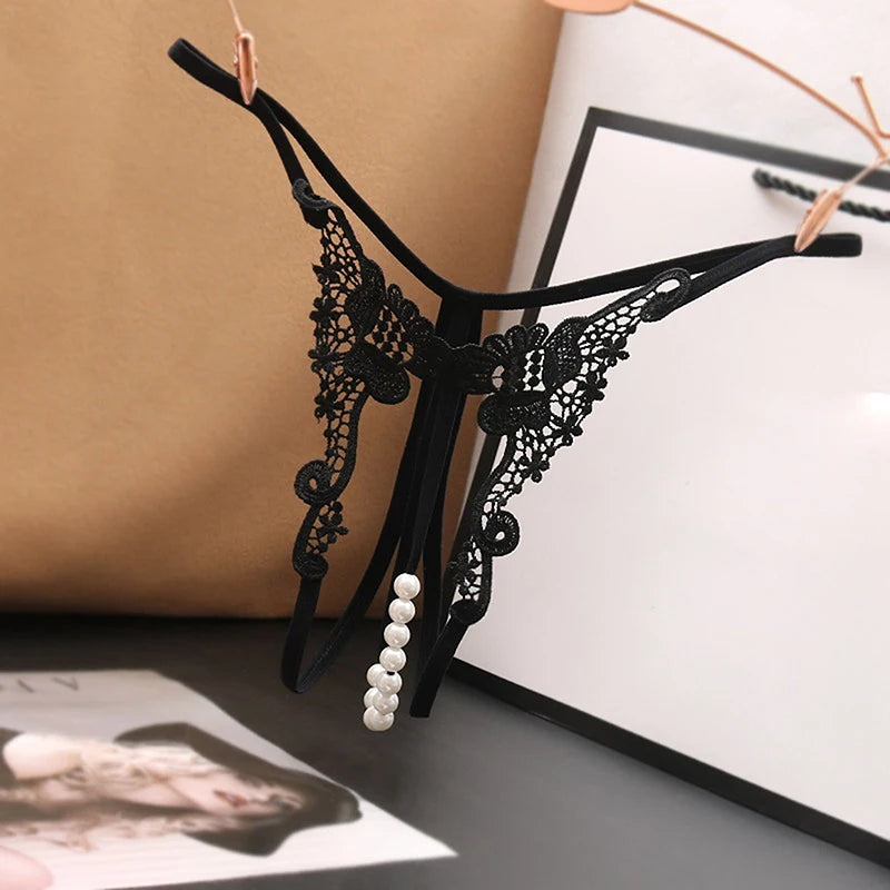 T Panties Female Underwear Lace Seamless Thongs Women's Pants Sexy Pearl G-String Erotic Women Crotchless Breathable Sleepwear