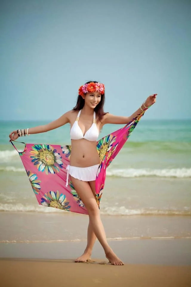 Women's Printed Chiffon Beach Cover Up, Sexy Halter Open Back Bikini Wrap Pareo