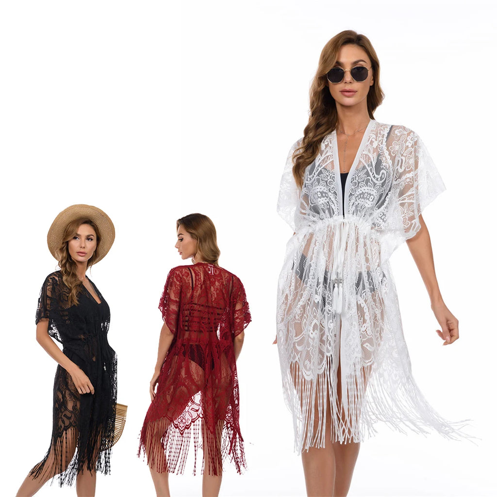 Women Swimsuit Cover Up Tassels beach sarong Long Beach Dress Floral Lace Bathing Suit Kimono Bikini Swim Coverup