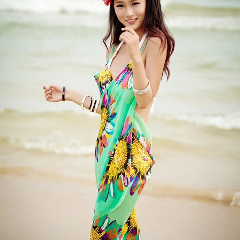Women's Printed Chiffon Beach Cover Up, Sexy Halter Open Back Bikini Wrap Pareo