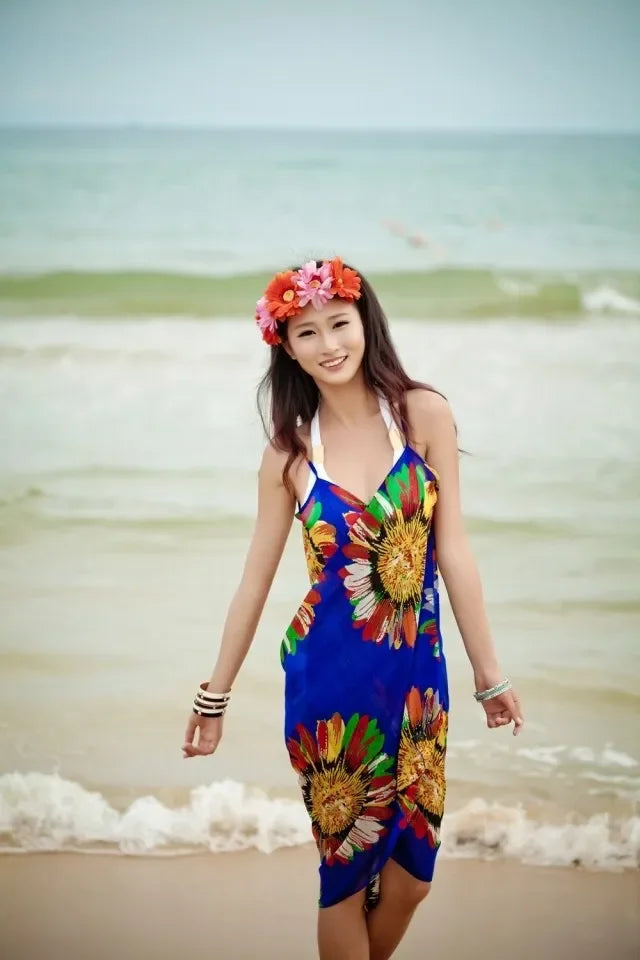Printed Cover-ups Sexy Beach Dress Women Halter Sling Chiffon Beach Towel Bikini Wrap Pareo Skirts Open-Back Swimwear