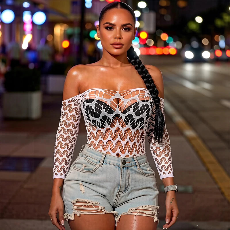 Women Summer Bodycon Top Long Sleeves Beach Cover Up Hollow Out Beachwear Without Underwear Sheer Mesh Fishnet Music festival