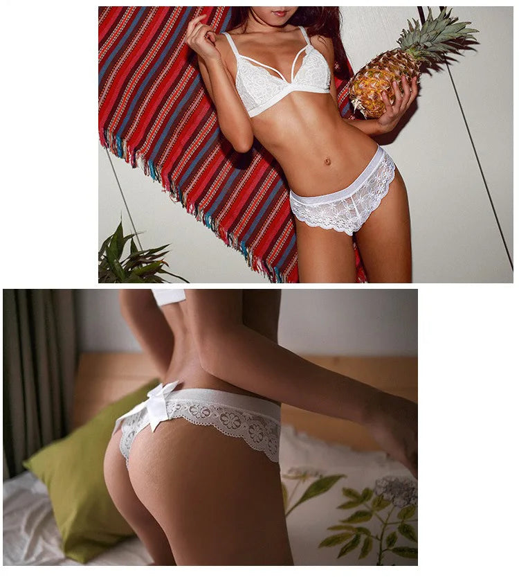 Sexy Transparent Lace Lady thong Solid Color Women's Underwear Buttocks Big Bow Decoration T-back Temptation Mesh Female T-pants
