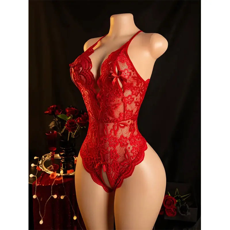 Lace Open Crotch Underwear Women's One-piece Bra Panties Crotchless Erotic Costumes Hot Red Body Suit Pearl Plus Size Sexy Thong