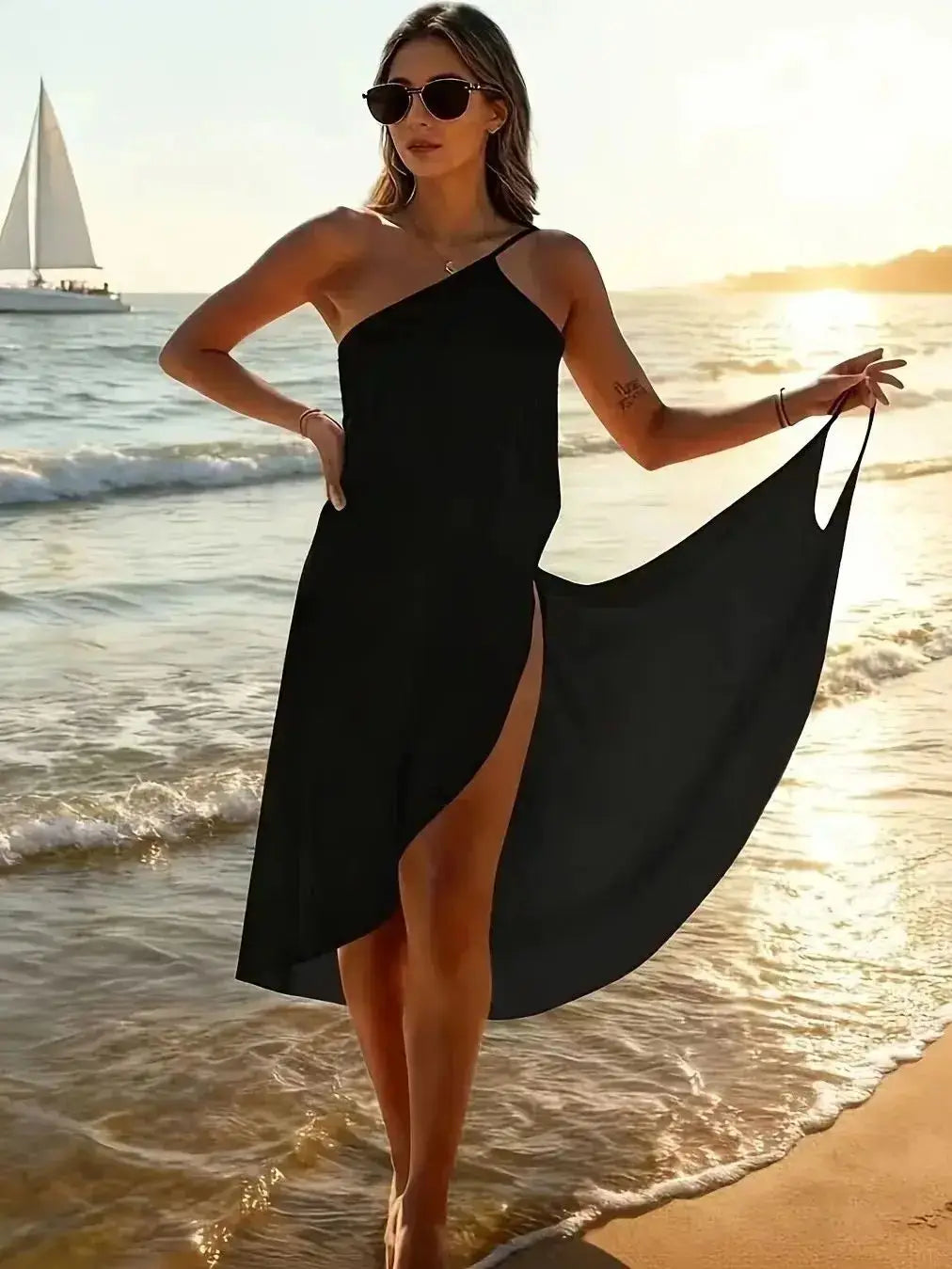 Ladies' Black Beach Cover-Up One-Shoulder Wrap Dress Perfect for Poolside Vacations with a Beach Towel And Spaghetti Straps