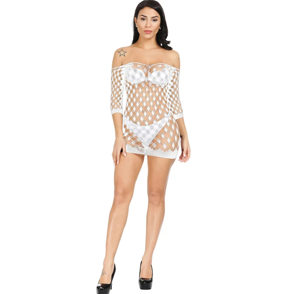 Sexy Female Dress Sleepwear Long Sleeve Clothes Ladies Summer Fishnet Short Net Skirt Lingerie Women
