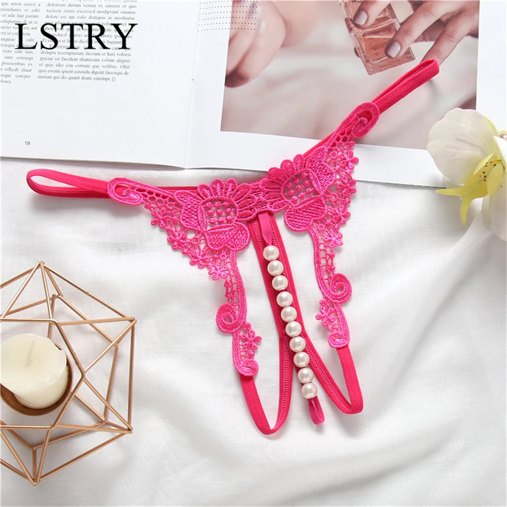 T Panties Female Underwear Lace Seamless Thongs Women's Pants Sexy Pearl G-String Erotic Women Crotchless Breathable Sleepwear