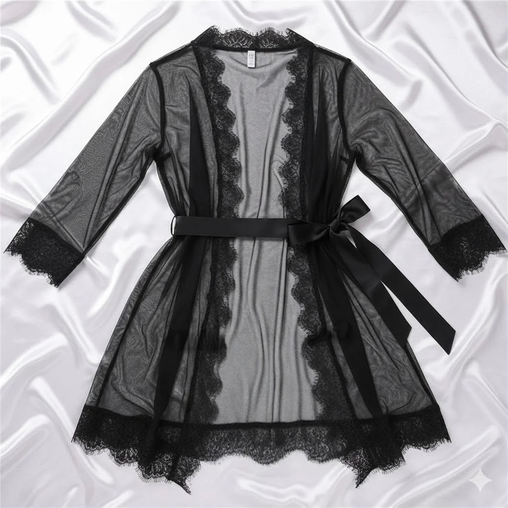 Sexy Sleepwear Women Sexy Sheer Perspective Lingerie Set Lace Robe Nightdress Underwear G-String Nightgown Dress Sexy Clothes