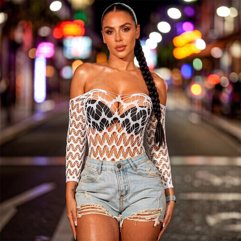 Women Summer Bodycon Top Long Sleeves Beach Cover Up Hollow Out Beachwear Without Underwear Sheer Mesh Fishnet Music festival