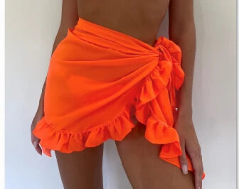 Women Swimsuit Bikini Cover-Ups Skirt Summer Solid Color Beach Wrap Skirt Swimwear Female Ruffles Trim Lace Up Sarong Cover Ups
