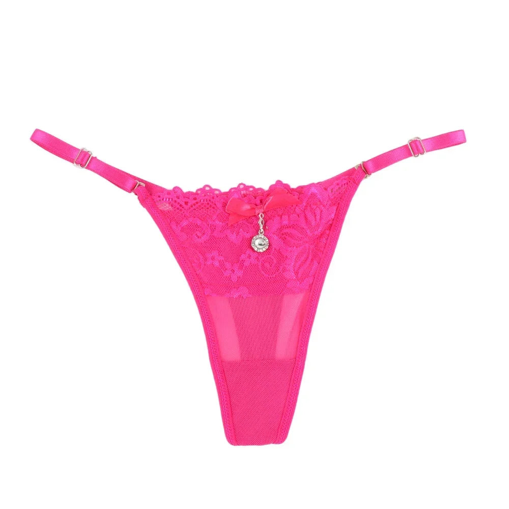 Women Lace Panties Thongs Pearl Pendant Lace Embroidery G-String T-Back Briefs Underwear Adjustable Ladies Panties Sexy Lingerie