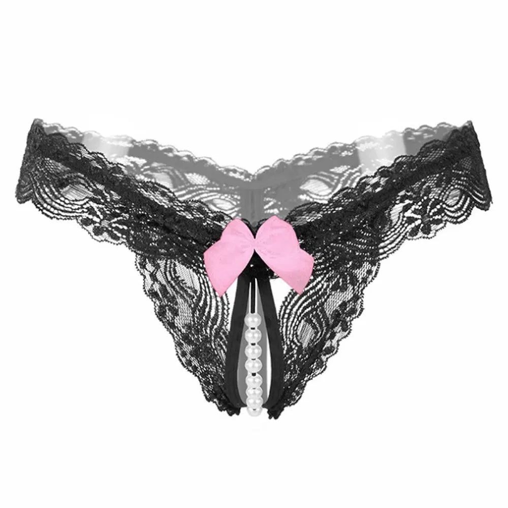 Sexy Lace Pearl Thong Open Underwear Transparent T Pants High Elasticity Sexy Lingerie for Women Mini Panties