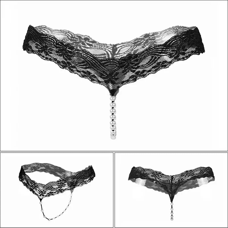 Sexy Underwear Women Erotic Sexy Lace T-Pants Pearl Massage Panties Ladies Transparent Seamless