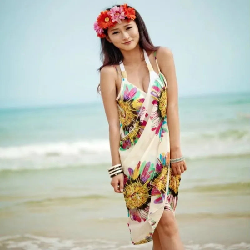 Printed Cover-ups Sexy Beach Dress Women Halter Sling Chiffon Beach Towel Bikini Wrap Pareo Skirts Open-Back Swimwear