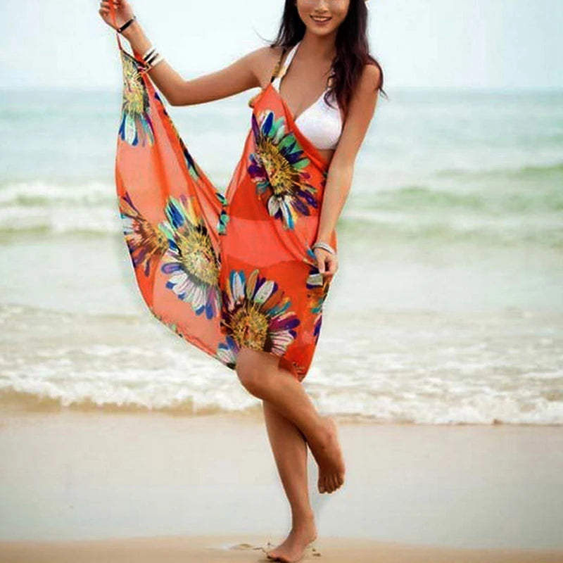 Women's Printed Chiffon Beach Cover Up, Sexy Halter Open Back Bikini Wrap Pareo