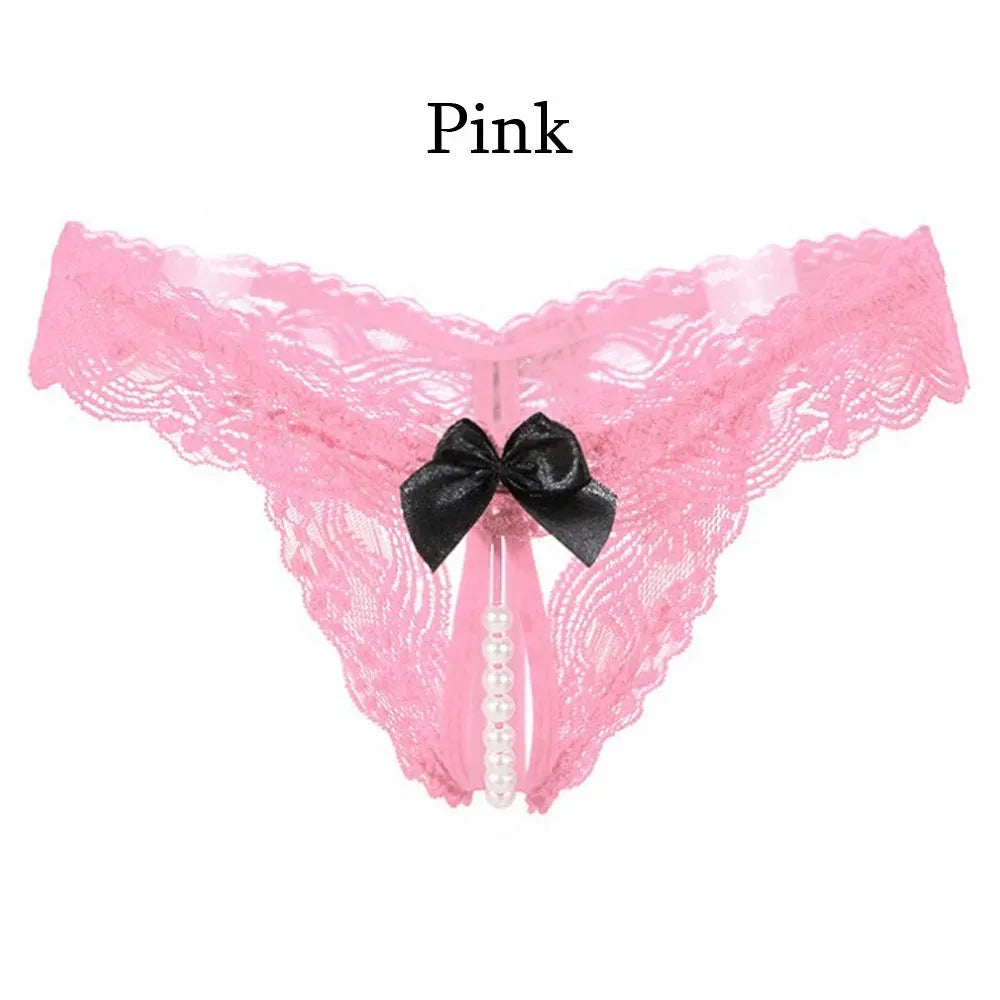 Sexy Lace Pearl Thong Open Underwear Transparent T Pants High Elasticity Sexy Lingerie for Women Mini Panties