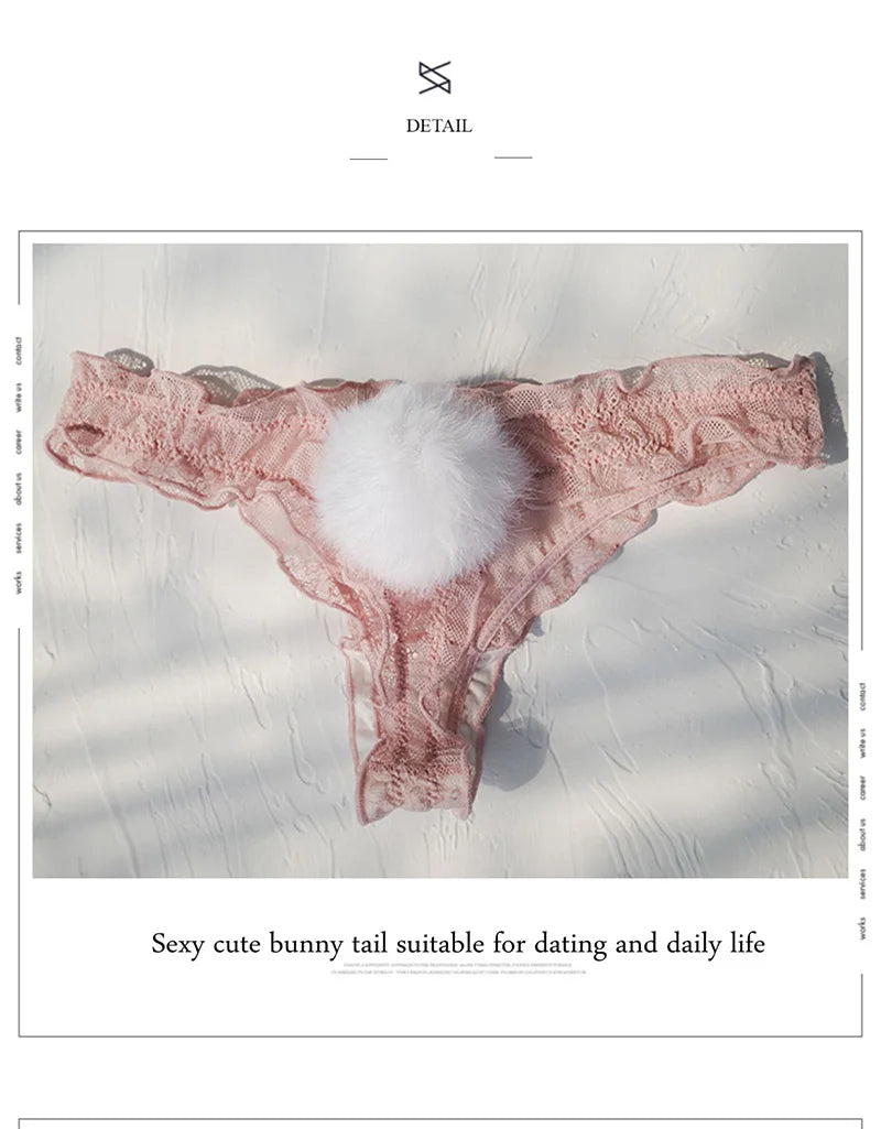 Sexy Panties Cute Rabbit Tail Women's Thong Lace Briefs Transparent Underwear Comfort Breathable Low Rise G string Underpants