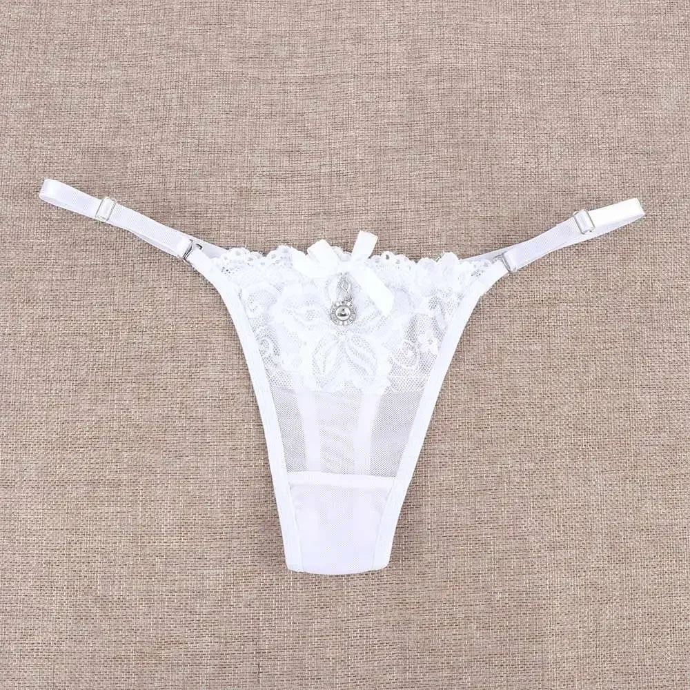 Women Lace Panties Thongs Pearl Pendant Lace Embroidery G-String T-Back Briefs Underwear Adjustable Ladies Panties Sexy Lingerie