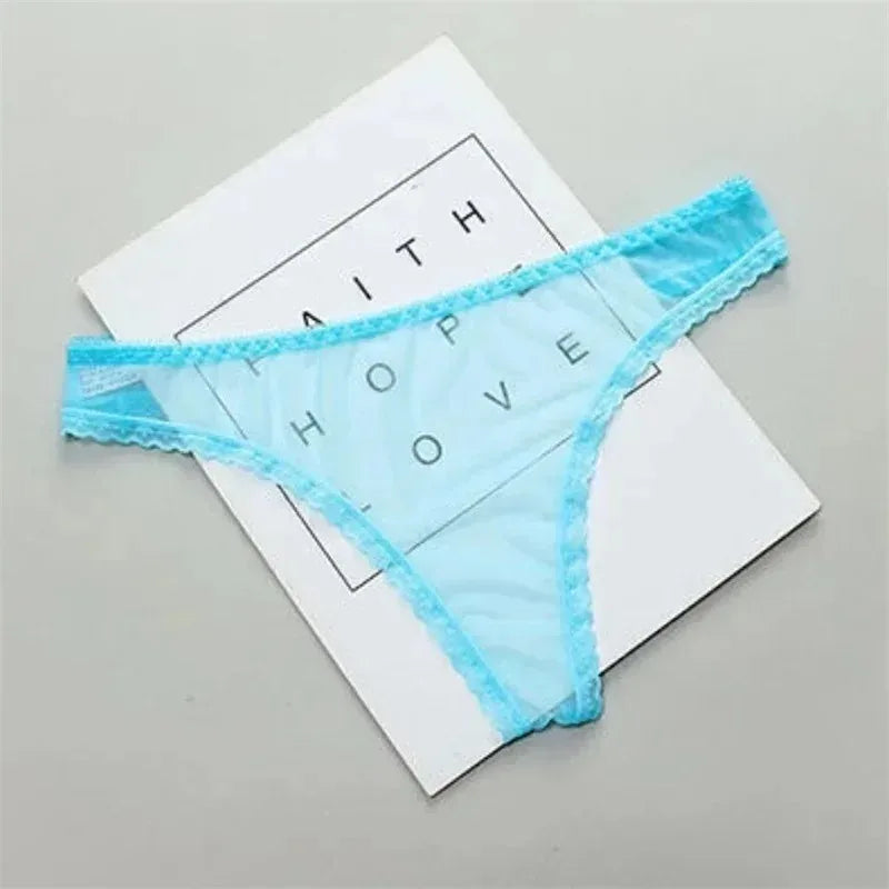Women's Sexy Transparent Thong Panties Lace See-Through Crotch Mesh Bottom Seamless Low-Rise T-Pants Underwear