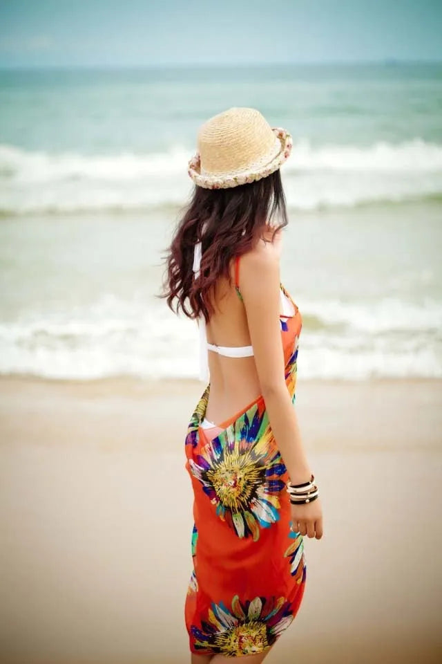 Women's Printed Chiffon Beach Cover Up, Sexy Halter Open Back Bikini Wrap Pareo