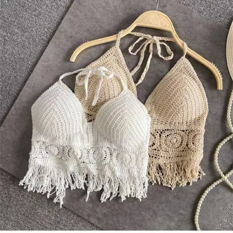 Women Beach Crop Tops Hollow Cover-Ups Perspective Tassel Sexy Spaghetti Strap Swinwear Built In Bra Backlless Halter Neck