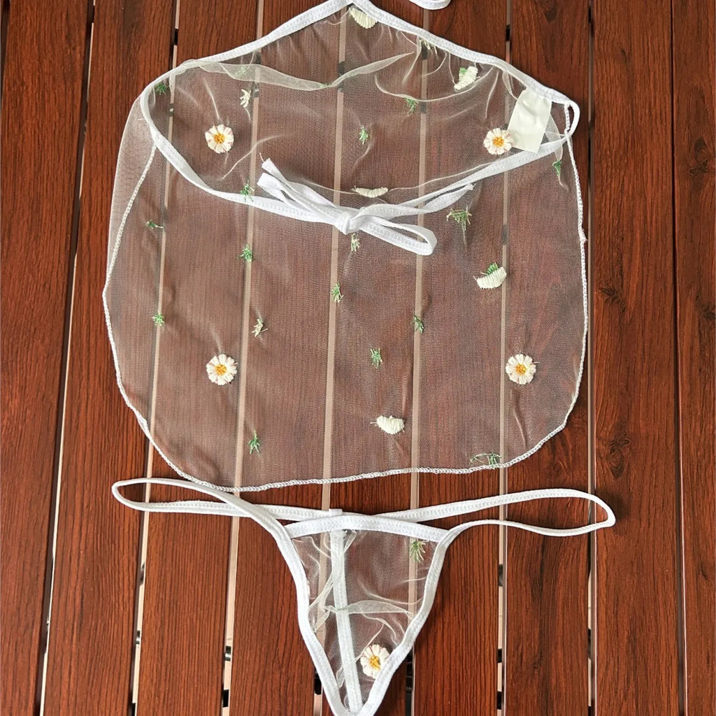 Sexy Underwear Woman Erotic Transparent Mesh Lingerie Sleepwear Panties Transparent Two-piece Set Of Flowers Halter G-strings