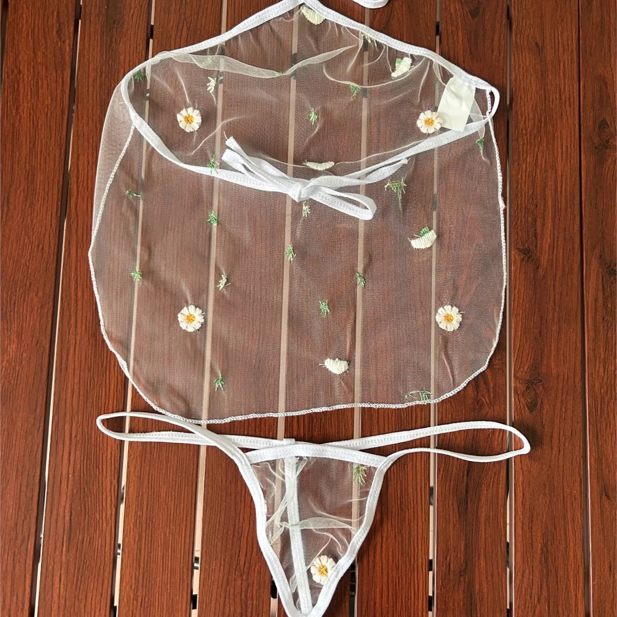 Sexy Underwear Woman Erotic Transparent Mesh Lingerie Sleepwear Panties Transparent Two-piece Set Of Flowers Halter G-strings