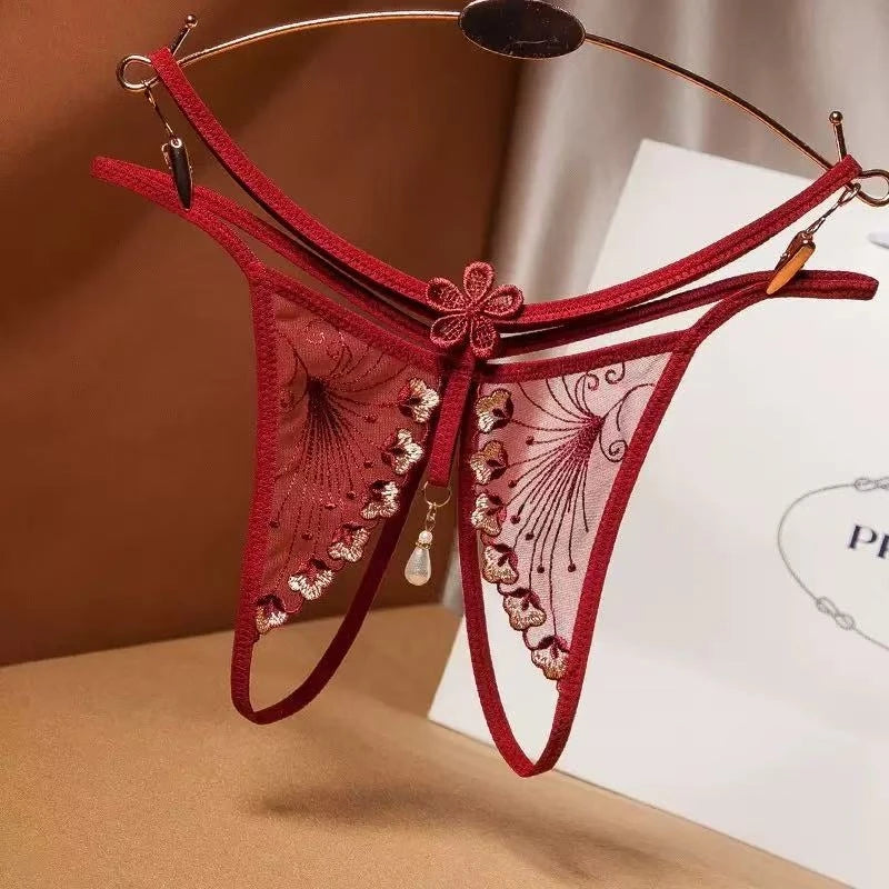 Womens Panties Sexy Lingerie Lace Sequins Embroidery Open Crotch Briefs Thong Transparent T Pants Underwear Ladies Pantys