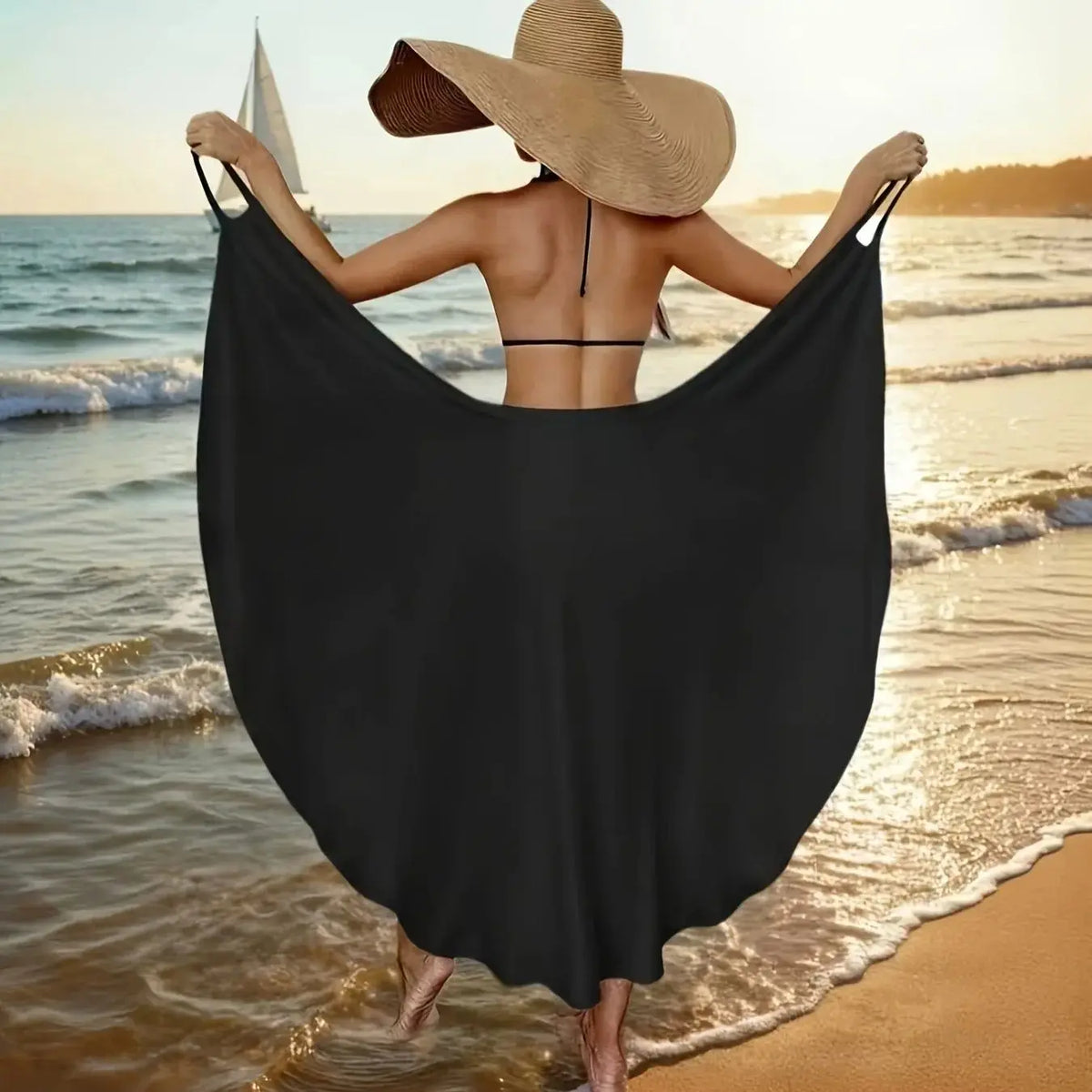 Ladies' Black Beach Cover-Up One-Shoulder Wrap Dress Perfect for Poolside Vacations with a Beach Towel And Spaghetti Straps