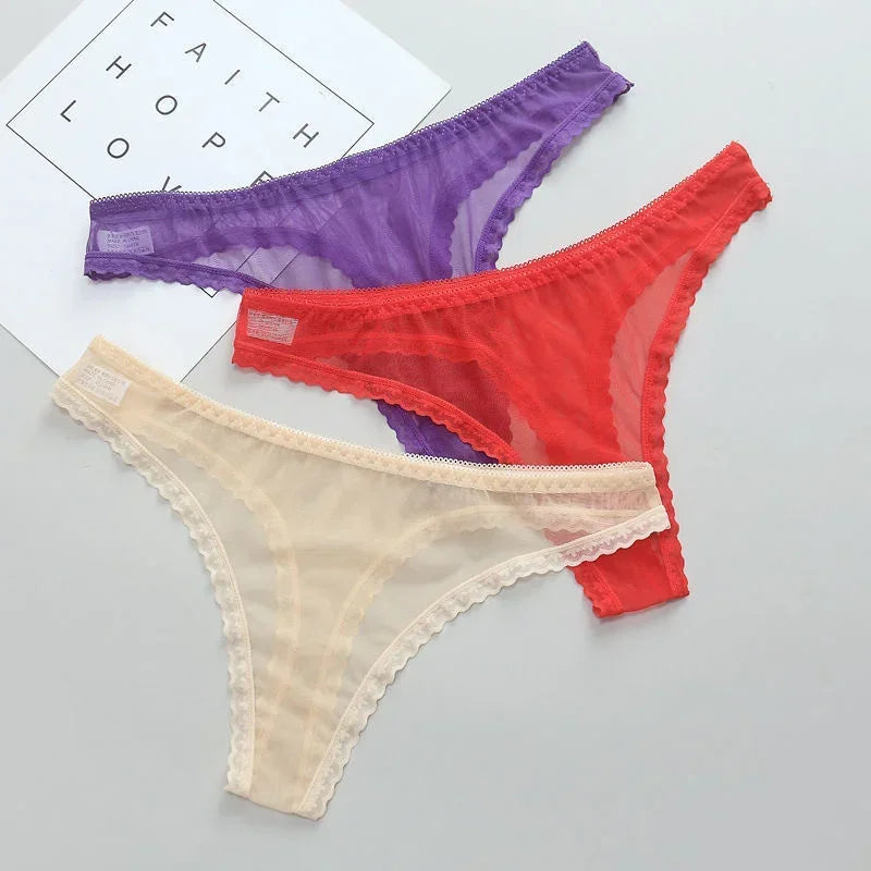 Sexy Transparent Thong Panties Women Lace See Through Crotch Mesh Bottom Sexy Seamless Low-rise T-pants Underwear