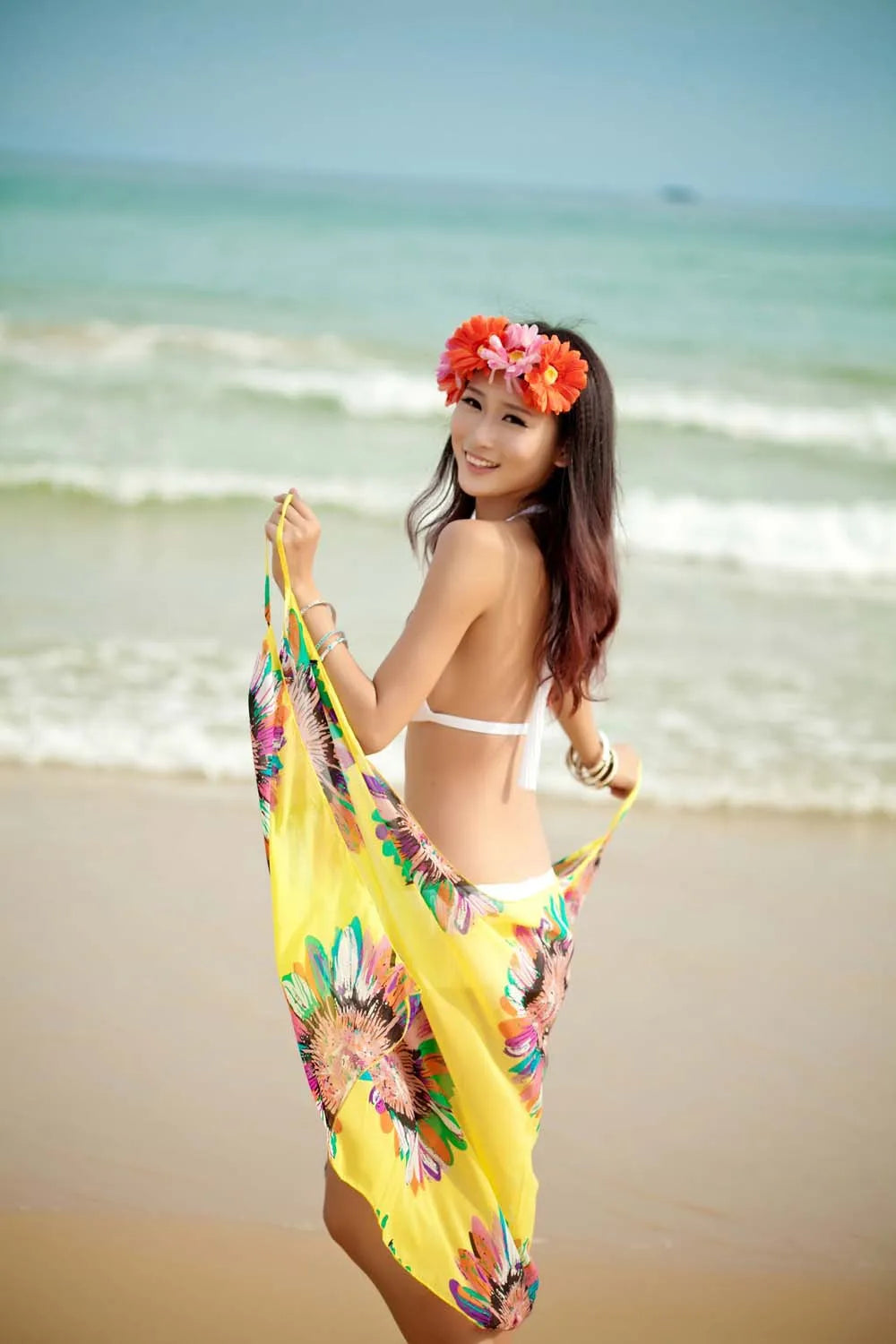 Women's Printed Chiffon Beach Cover Up, Sexy Halter Open Back Bikini Wrap Pareo