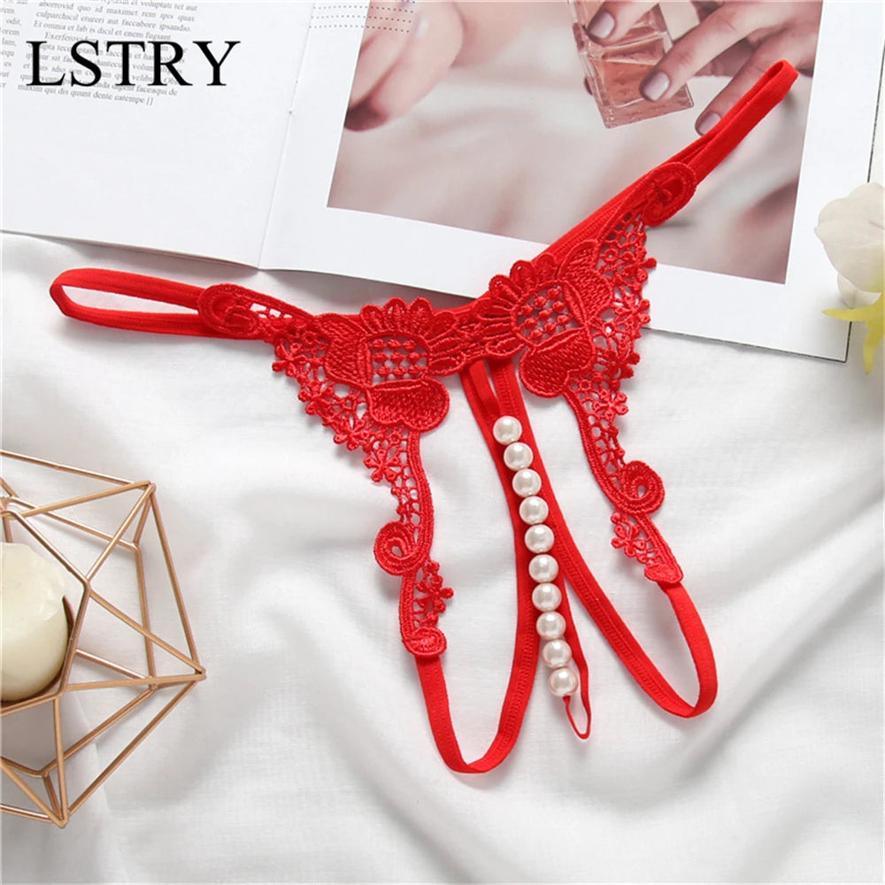 T Panties Female Underwear Lace Seamless Thongs Women's Pants Sexy Pearl G-String Erotic Women Crotchless Breathable Sleepwear
