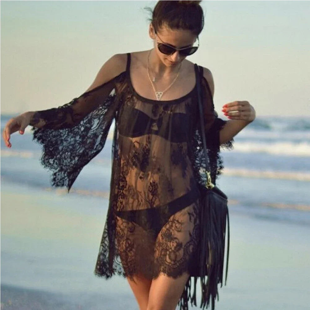 Off Shoulder Lace Beach Cover Up Pareo Playa Coverup Dress Vestido Livre Swimsuit Wear Swimwear White Lace Women Beachwear
