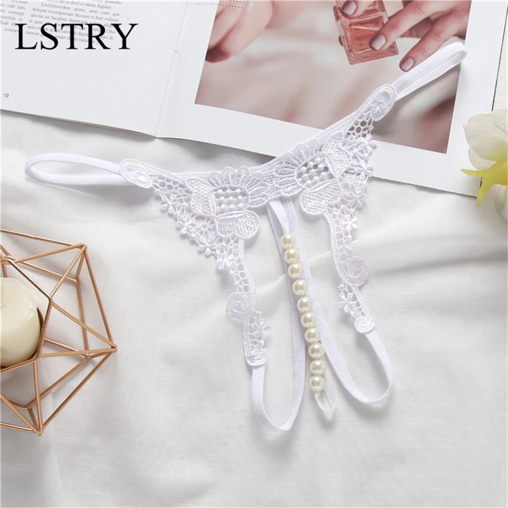 T Panties Female Underwear Lace Seamless Thongs Women's Pants Sexy Pearl G-String Erotic Women Crotchless Breathable Sleepwear