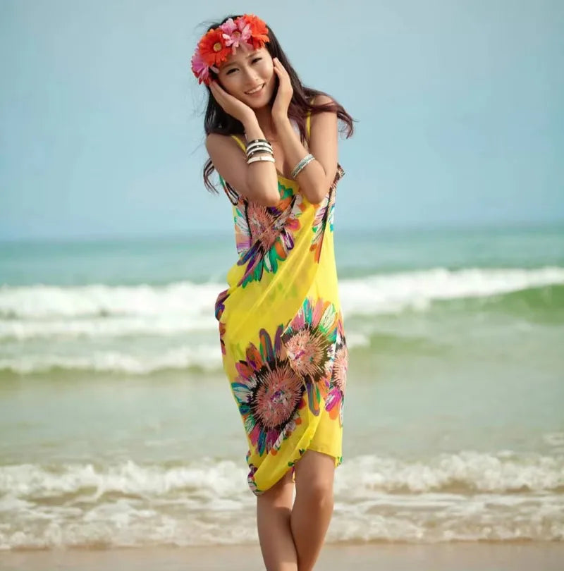 Printed Cover-ups Sexy Beach Dress Women Halter Sling Chiffon Beach Towel Bikini Wrap Pareo Skirts Open-Back Swimwear
