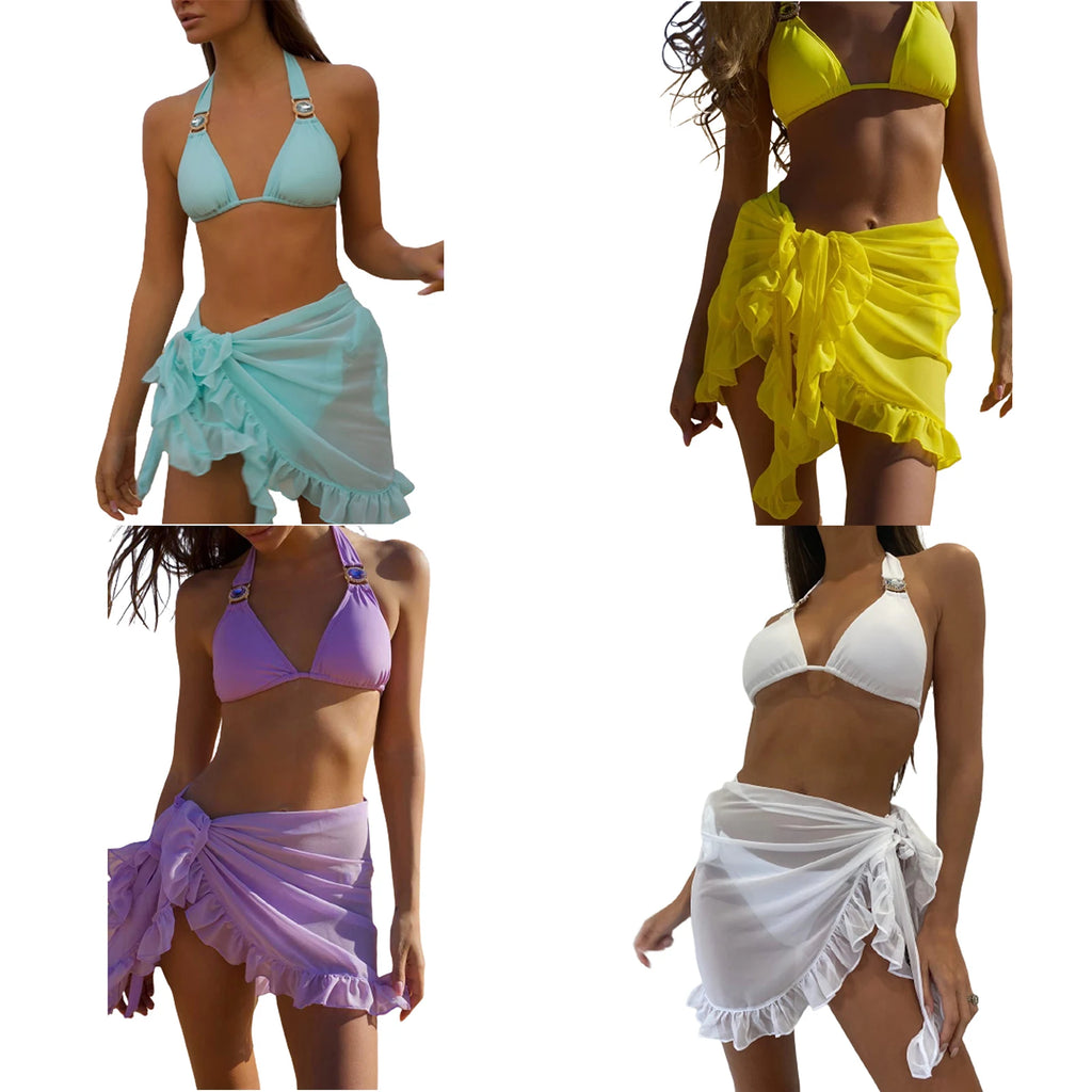 Women Swimsuit Bikini Cover-Ups Skirt Summer Solid Color Beach Wrap Skirt Swimwear Female Ruffles Trim Lace Up Sarong Cover Ups