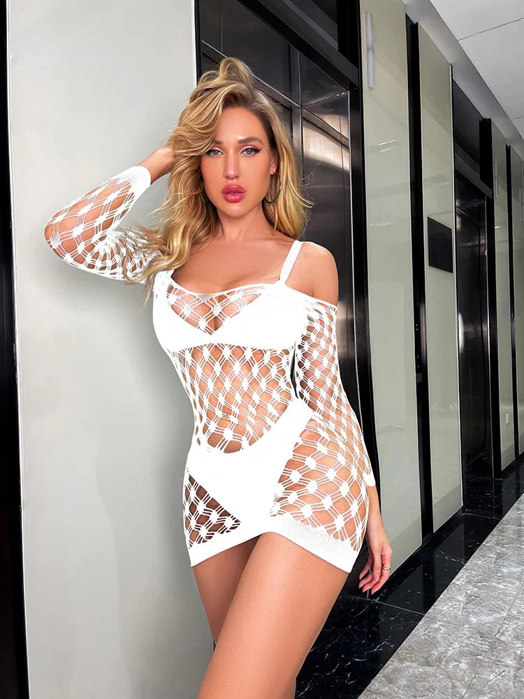 Sexy Female Dress Sleepwear Long Sleeve Clothes Ladies Summer Fishnet Short Net Skirt Lingerie Women