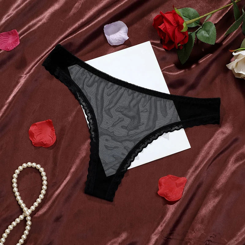 Women's Sexy Transparent Thong Panties Lace See-Through Crotch Mesh Bottom Seamless Low-Rise T-Pants Underwear