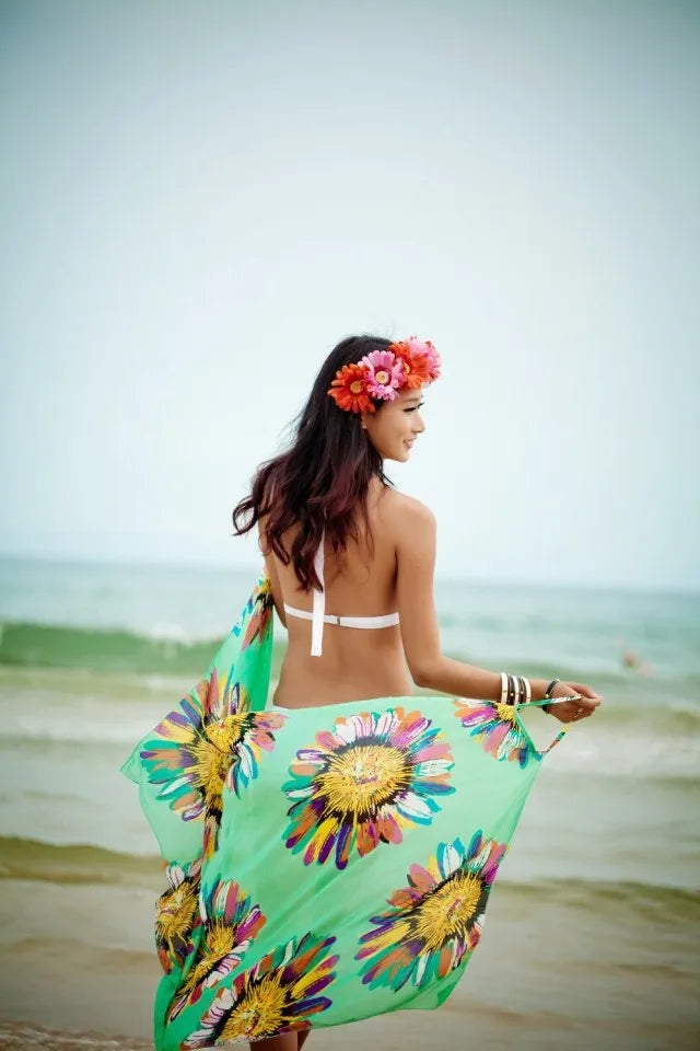 Women's Printed Chiffon Beach Cover Up, Sexy Halter Open Back Bikini Wrap Pareo