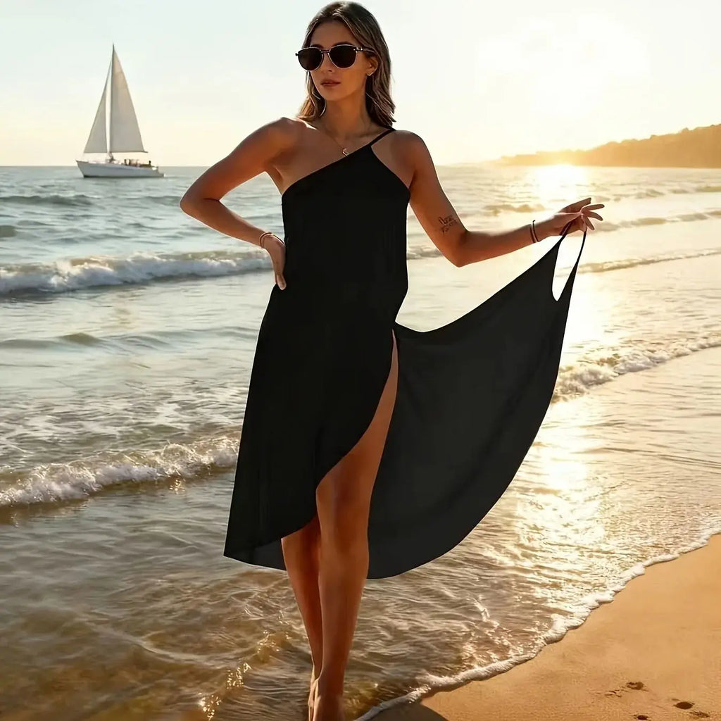 Ladies' Black Beach Cover-Up One-Shoulder Wrap Dress Perfect for Poolside Vacations with a Beach Towel And Spaghetti Straps