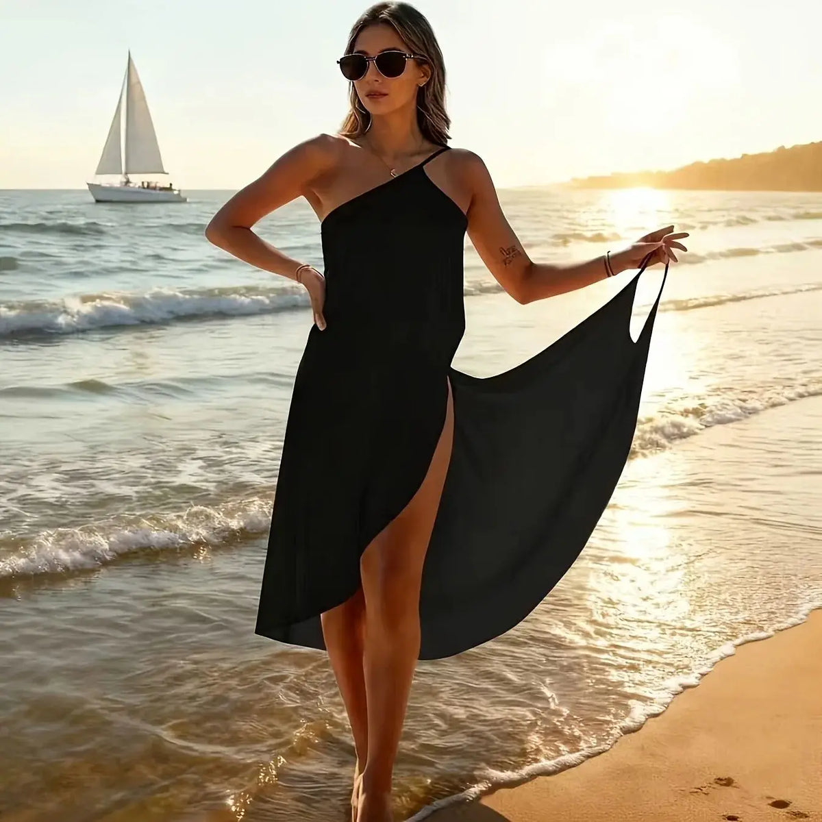 Ladies' Black Beach Cover-Up One-Shoulder Wrap Dress Perfect for Poolside Vacations with a Beach Towel And Spaghetti Straps